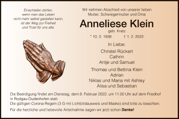 Traueranzeige von Anneliese Klein von OF