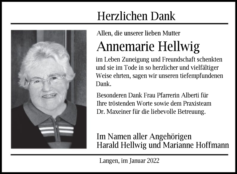  Traueranzeige für Annemarie Hellwig vom 26.02.2022 aus OF