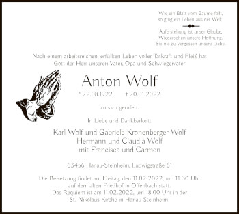 Traueranzeige von Anton Wolf von OF
