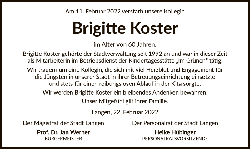  Traueranzeige für Brigitte Koster vom 24.02.2022 aus OF