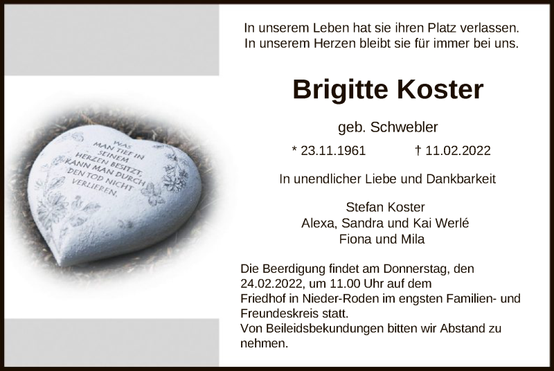  Traueranzeige für Brigitte Koster vom 23.02.2022 aus OF