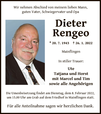 Traueranzeige von Dieter Rengeo von OF