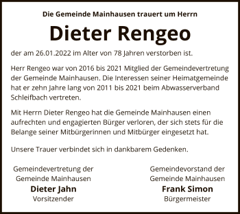 Traueranzeige von Dieter Rengeo von OF