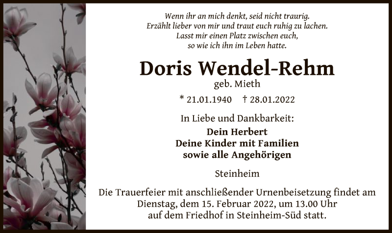  Traueranzeige für Doris Wendel-Rehm vom 12.02.2022 aus OF