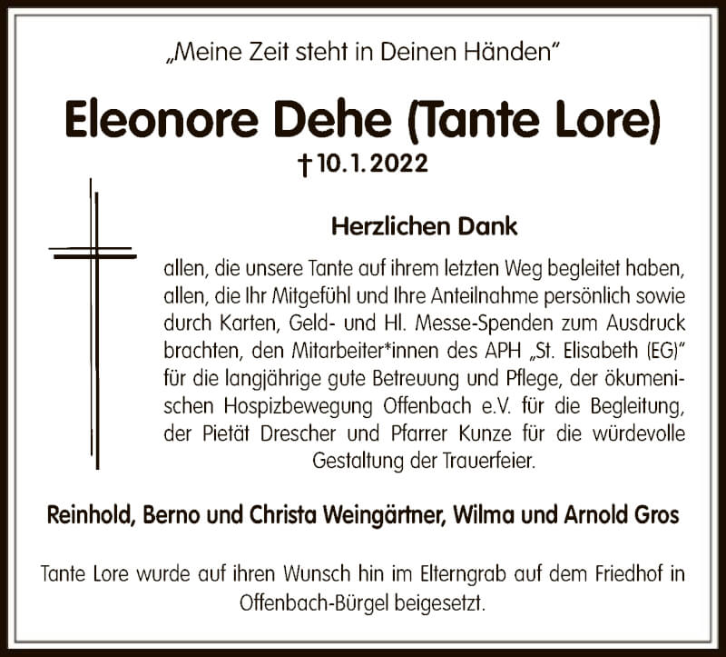  Traueranzeige für Eleonore Dehe vom 19.02.2022 aus OF