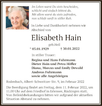 Traueranzeige von Elisabeth Hain von OF