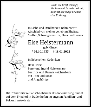 Traueranzeige von Else Heistermann von OF