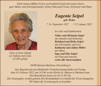 Traueranzeige von Eugenie Seipel von OF