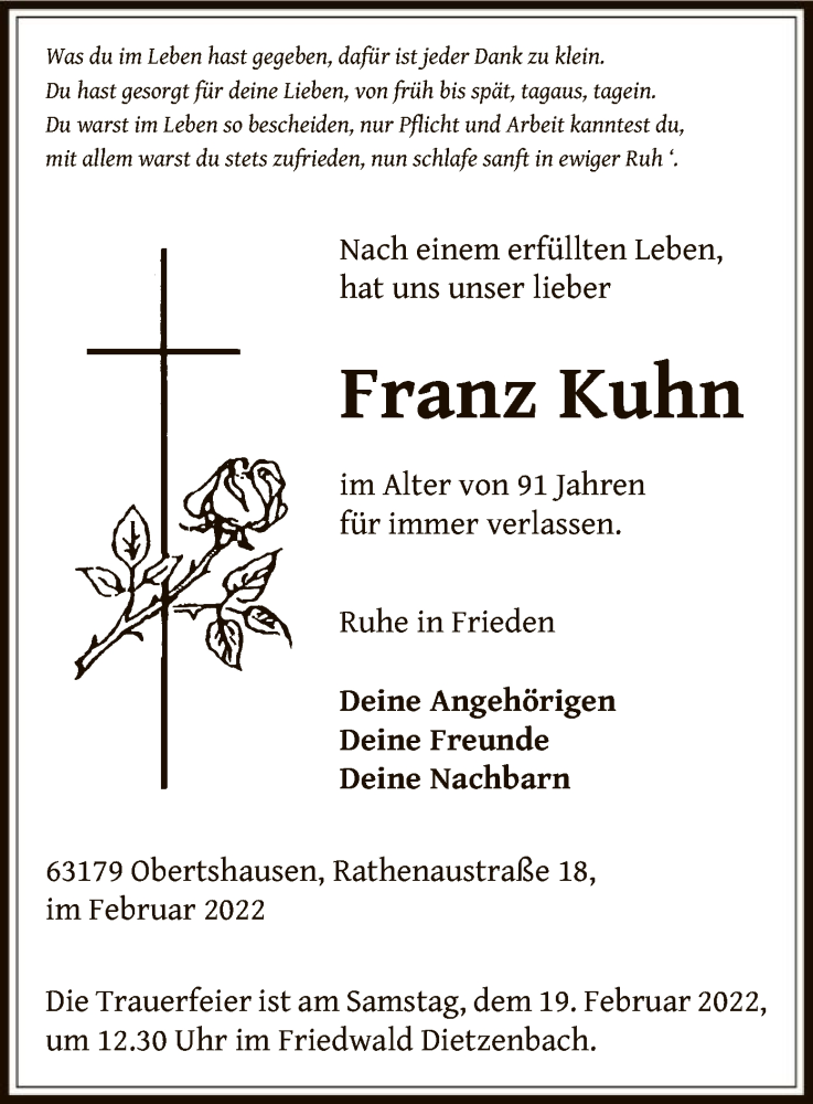  Traueranzeige für Franz Kuhn vom 18.02.2022 aus OF