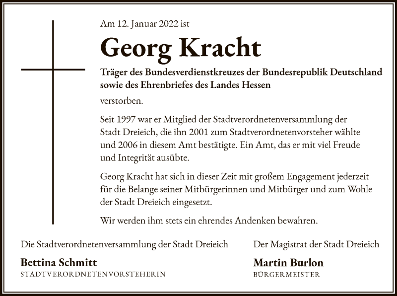  Traueranzeige für Georg Kracht vom 12.02.2022 aus OF