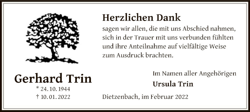  Traueranzeige für Gerhard Trin vom 05.02.2022 aus OF