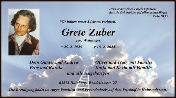 Traueranzeige von Grete Zuber von OF