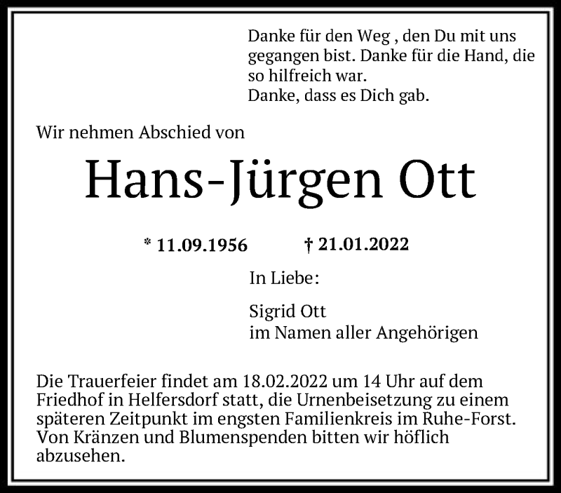  Traueranzeige für Hans-Jürgen Ott vom 02.02.2022 aus OF