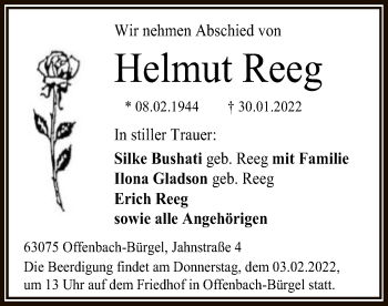 Traueranzeige von Helmut Reeg von OF