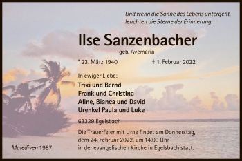 Traueranzeige von Ilse Sanzenbacher von OF