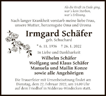 Traueranzeige von Irmgard Schäfer von OF