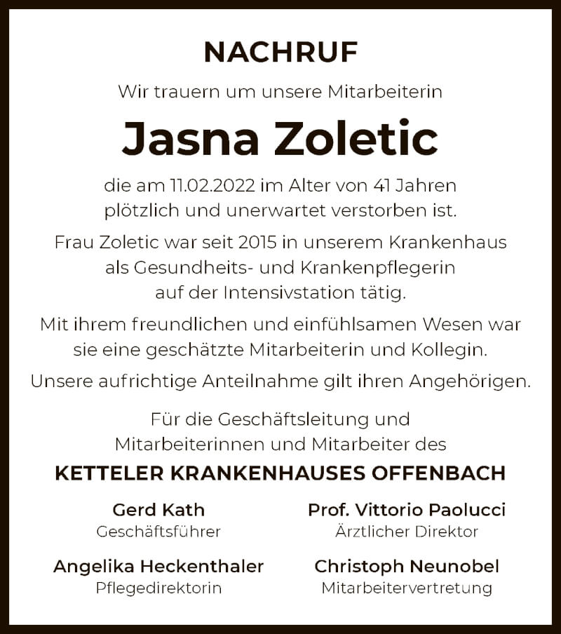  Traueranzeige für Jasna Zoletic vom 19.02.2022 aus OF