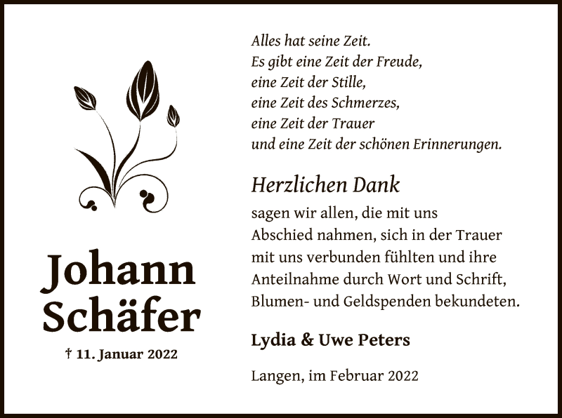  Traueranzeige für Johann Schäfer vom 10.02.2022 aus OF