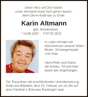 Traueranzeige von Karin Altmann von OF