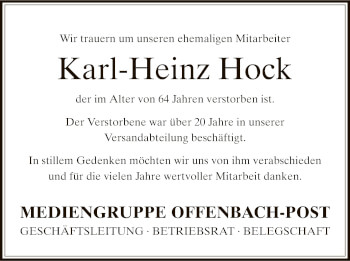 Traueranzeige von Karl-Heinz Hock von OF