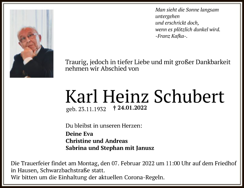  Traueranzeige für Karl Heinz Schubert vom 02.02.2022 aus OF