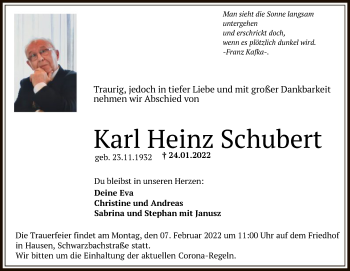 Traueranzeige von Karl Heinz Schubert von OF