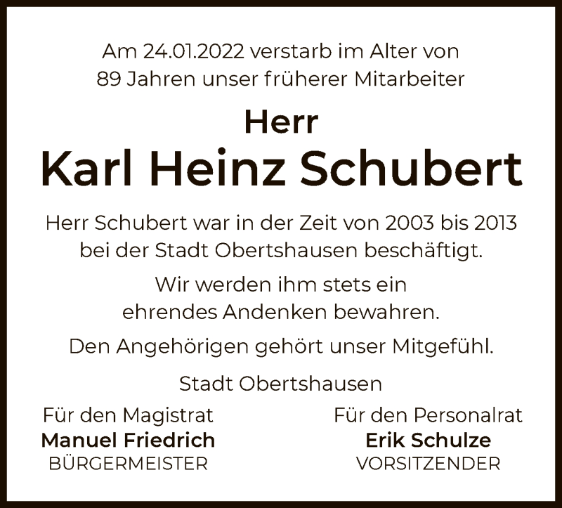  Traueranzeige für Karl Heinz Schubert vom 16.02.2022 aus OF