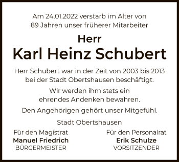 Traueranzeige von Karl Heinz Schubert von OF