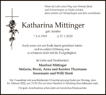 Traueranzeige von Katharina Mittinger von OF