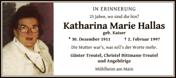 Traueranzeige von Katharina Marie Hallas von OF