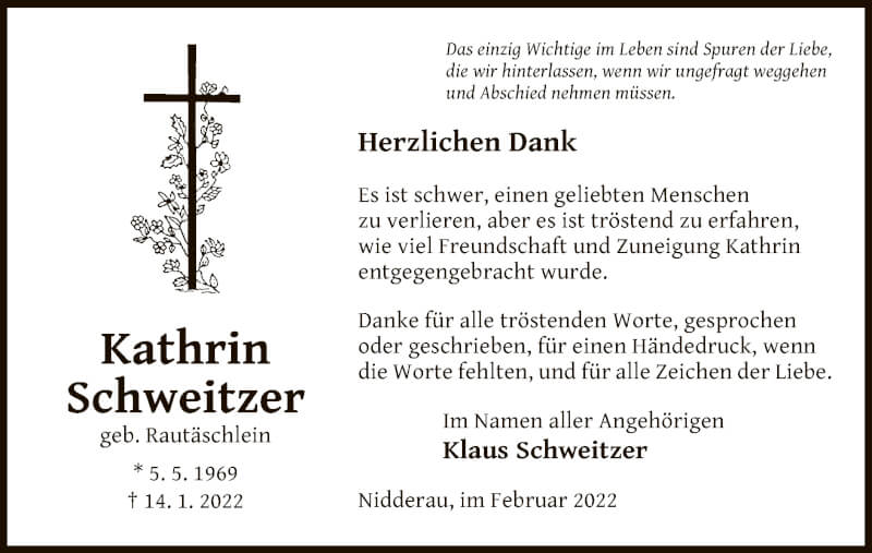  Traueranzeige für Kathrin Schweitzer vom 05.02.2022 aus OF