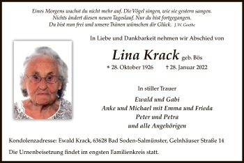 Traueranzeige von Lina Krack von OF