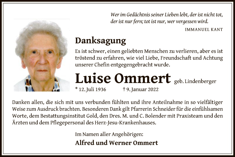  Traueranzeige für Luise Ommert vom 03.02.2022 aus OF