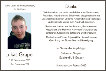 Traueranzeige von Lukas Graper von OF