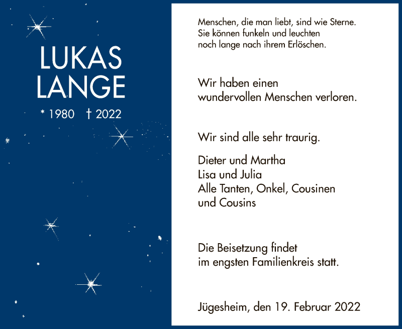  Traueranzeige für Lukas Lange vom 23.02.2022 aus OF