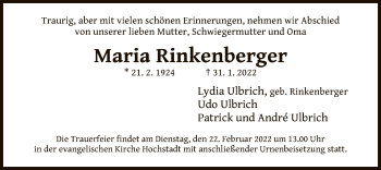 Traueranzeige von Maria Rinkenberger von OF