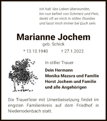 Traueranzeige von Marianne Jochem von OF