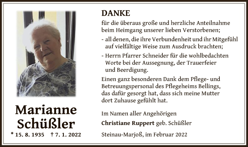  Traueranzeige für Marianne Schüßler vom 10.02.2022 aus OF