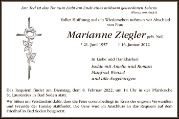 Traueranzeige von Marianne Ziegler von OF