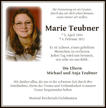 Traueranzeige von Marie Teubner von OF