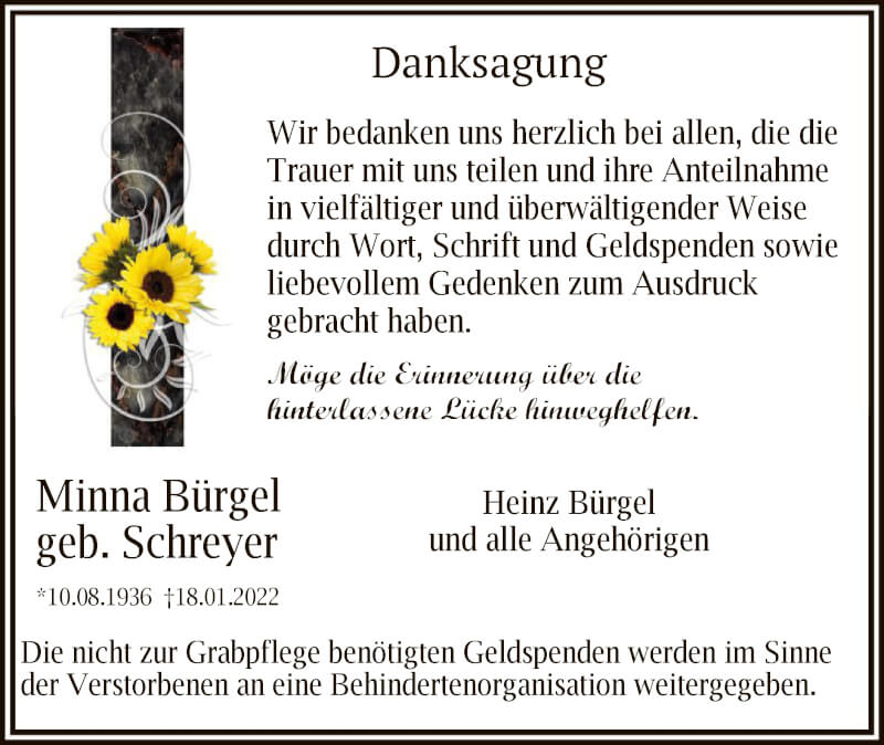  Traueranzeige für Minna Bürgel vom 19.02.2022 aus OF