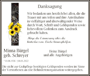 Traueranzeige von Minna Bürgel von OF