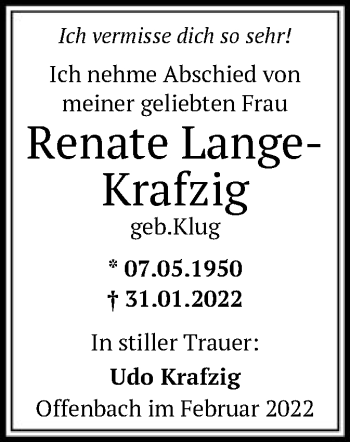 Traueranzeige von Renate Lange-Krafzig von OF