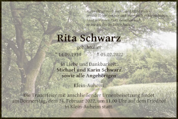 Traueranzeige von Rita Schwarz von OF