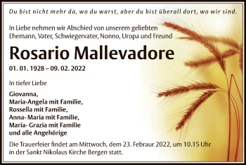 Traueranzeige von Rosario Mallevadore von OF