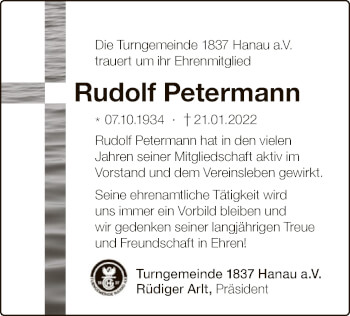 Traueranzeige von Rudolf Petermann von OF