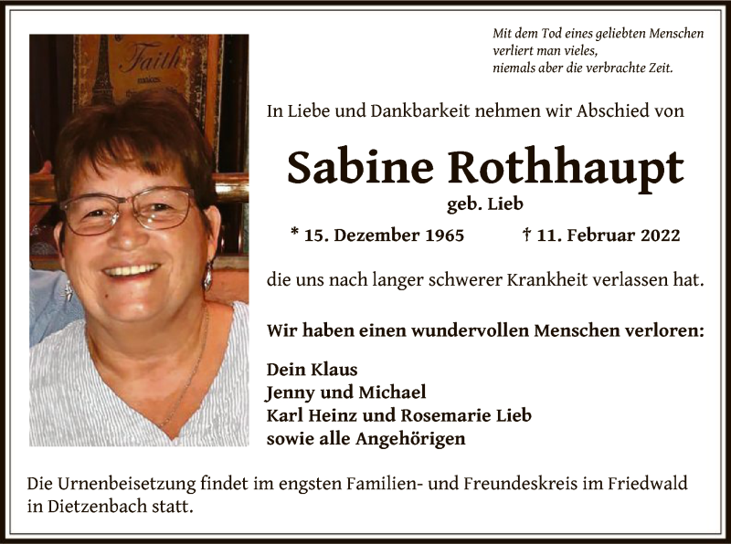 Traueranzeige für Sabine Rothhaupt vom 23.02.2022 aus OF