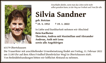 Traueranzeige von Silvia Sandner von OF