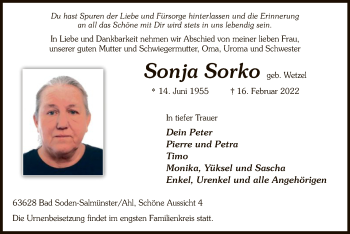 Traueranzeige von Sonja Sorko von OF