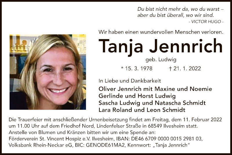  Traueranzeige für Tanja Jennrich vom 05.02.2022 aus OF